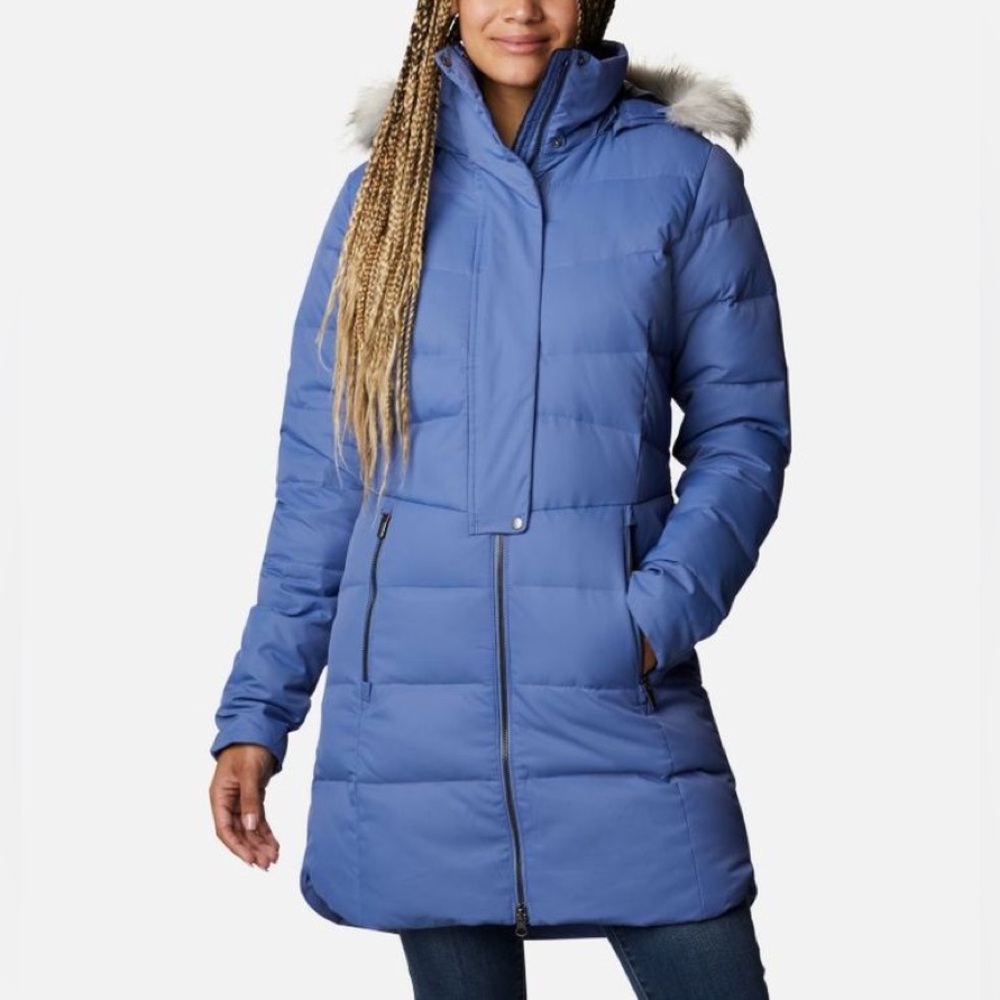 Columbia Crystal Caves Mid Blue Puffer Winter Coat Faux Fur Jacket XS